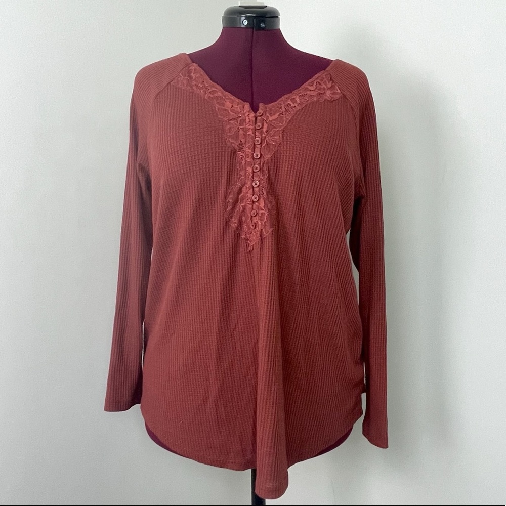 Torrid Orange Terracotta Waffle Knit Lace Trim Long Sleeve Tee Size 1